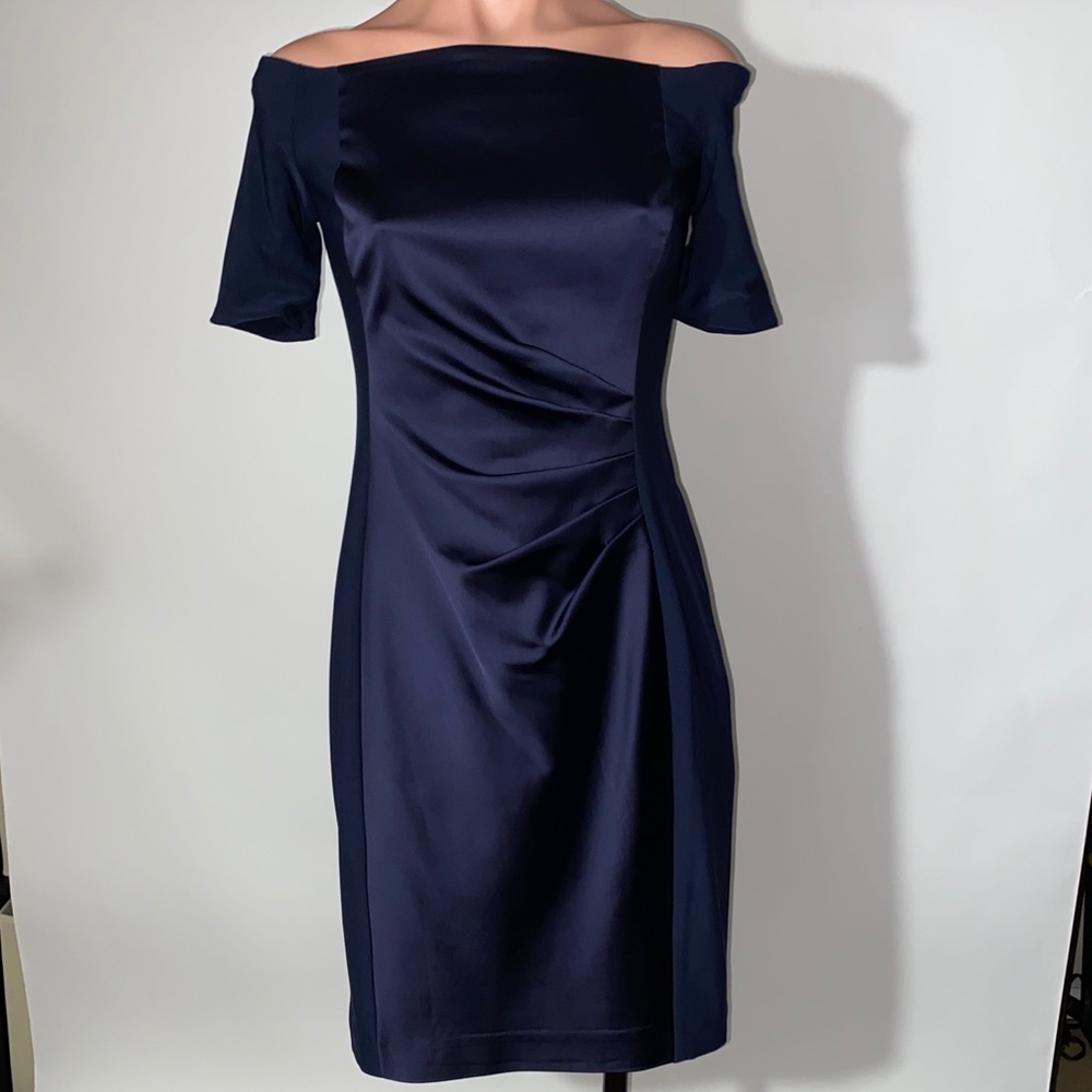 NEW Lauren Ralph Lauren Navy off shoulder satin sheath dress size 6 - Picture 7 of 16